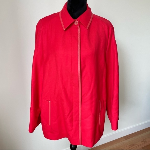 Louis Feraud Coral Pink Virgin Wool Leather Trimmed Hidden Button Jacket Size 14 - Picture 1 of 13